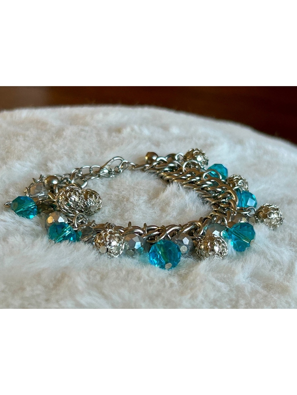 Silver Tone Charm Bracelet with Blue and Silver Beads